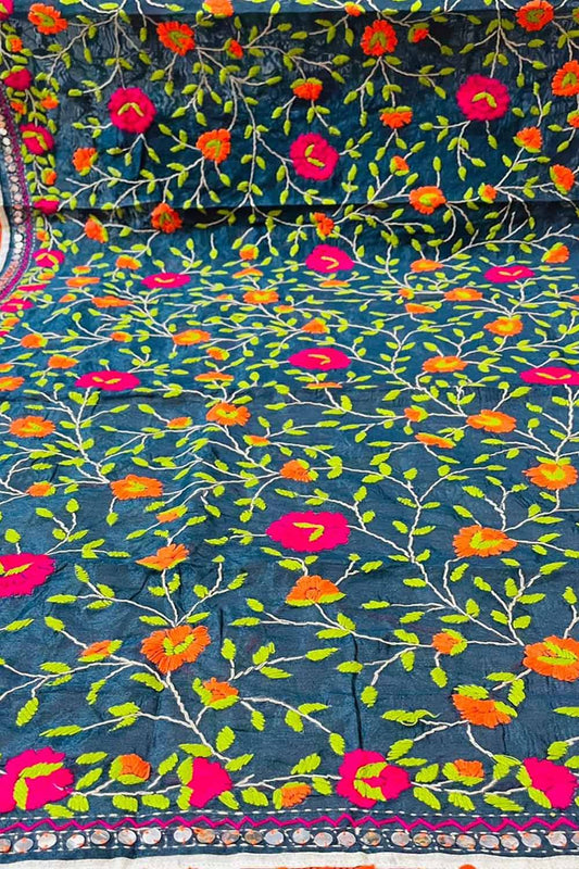 Blue Phulkari Hand Embroidered Raw Silk Dupatta - Luxurion World