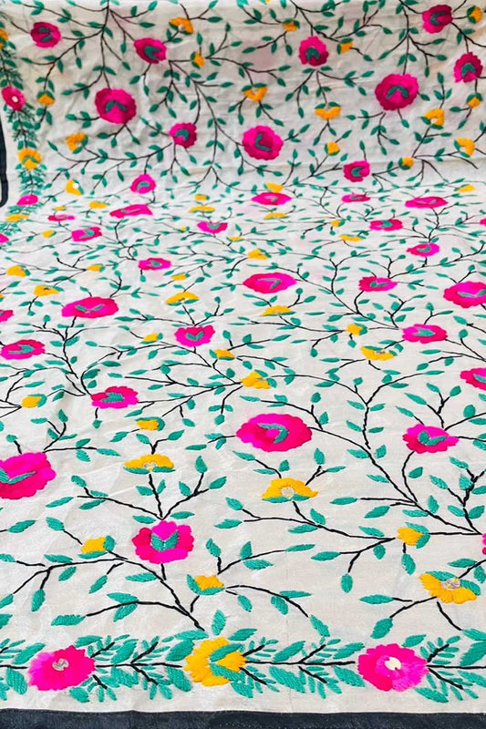 Off White Phulkari Hand Embroidered Raw Silk Dupatta - Luxurion World
