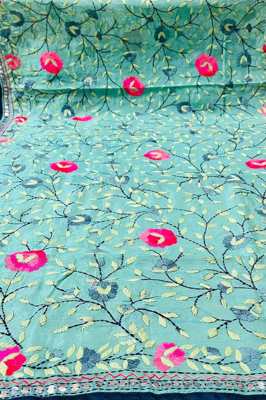 Blue Phulkari Hand Embroidered Raw Silk Dupatta - Luxurion World