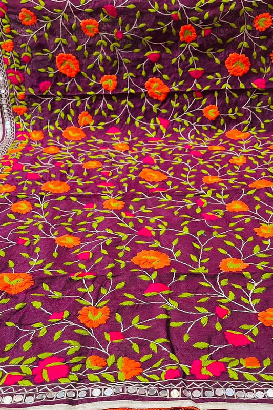 Purple Phulkari Hand Embroidered Raw Silk Dupatta - Luxurion World