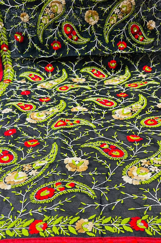 Black Phulkari Hand Embroidered Raw Silk Dupatta - Luxurion World