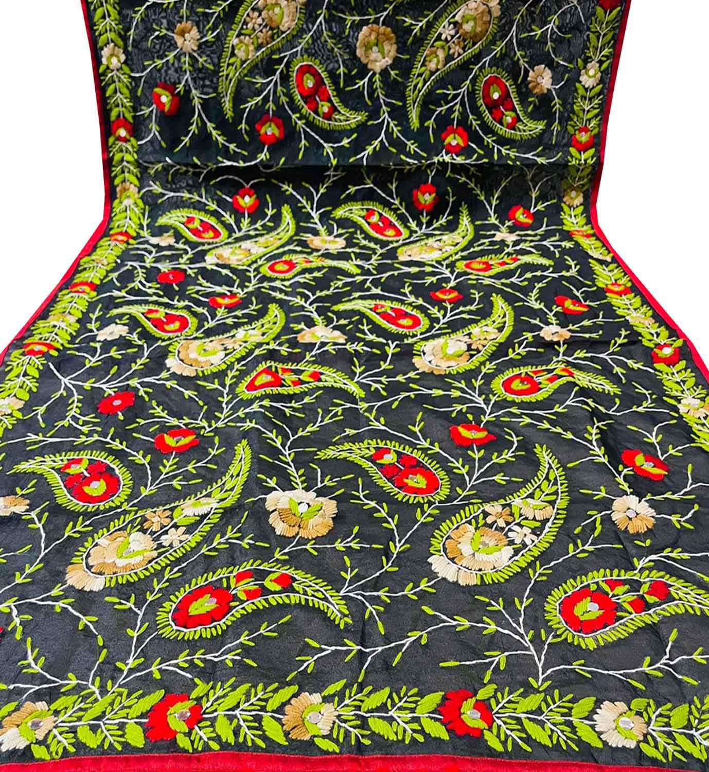 Black Phulkari Hand Embroidered Raw Silk Dupatta - Luxurion World