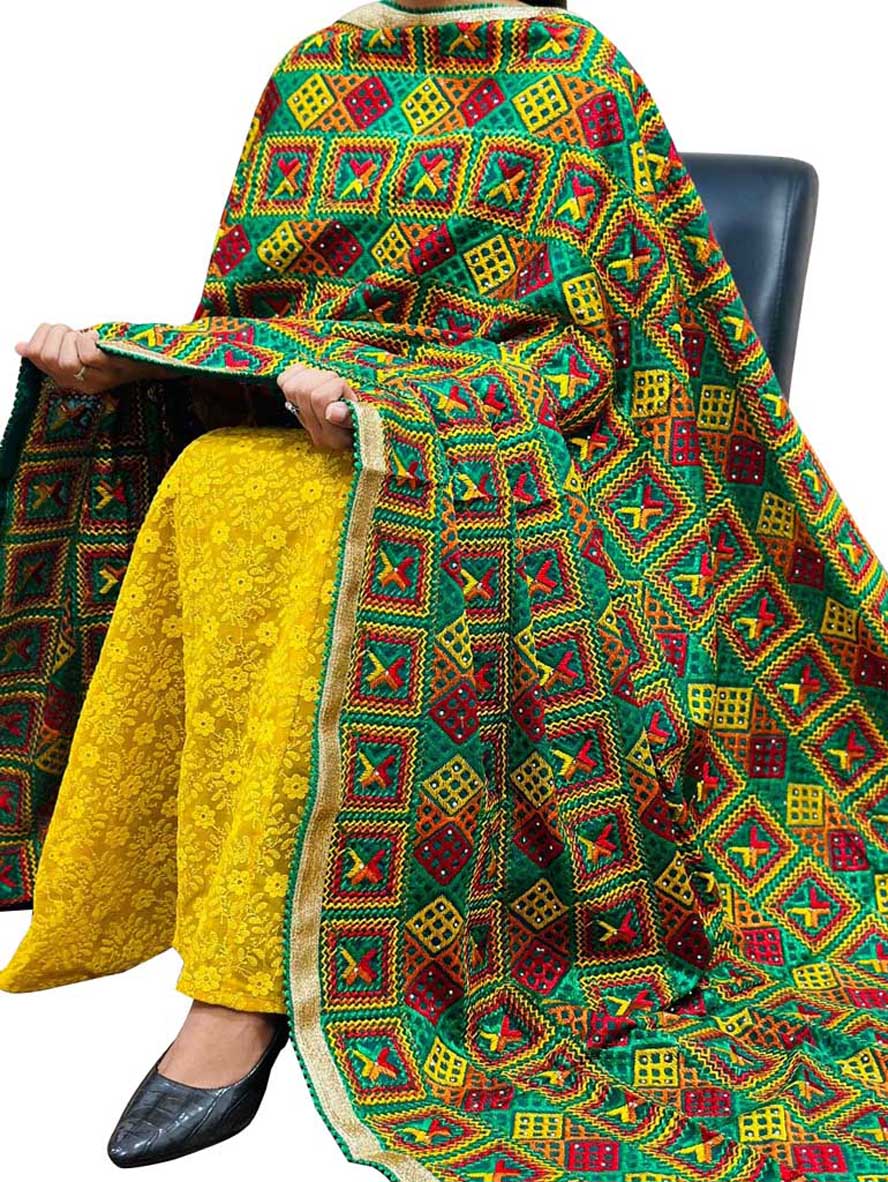 Multicolor Phulkari Embroidered Chinon Dupatta - Luxurion World