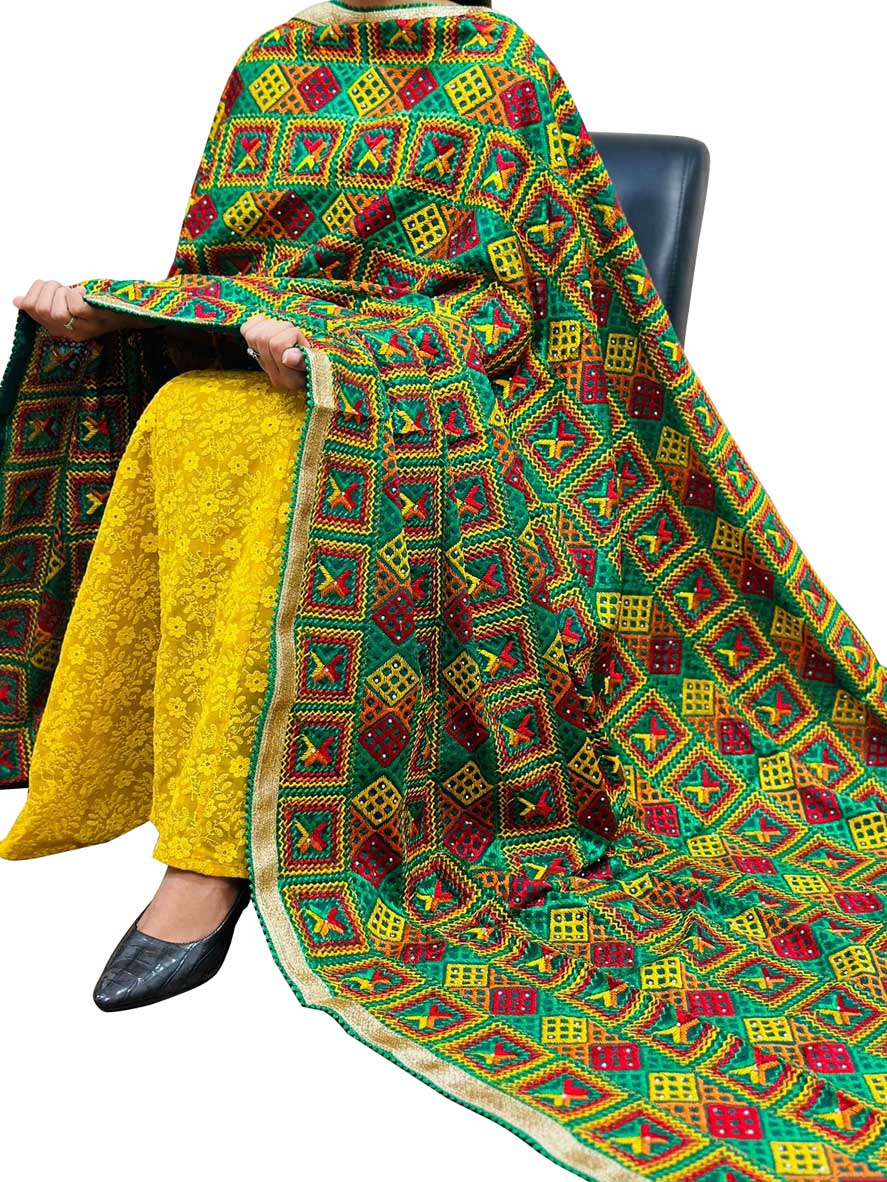 Multicolor Phulkari Embroidered Chinon Dupatta - Luxurion World
