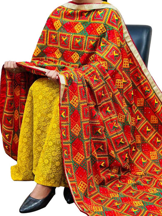Red Phulkari Embroidered Chinon Dupatta - Luxurion World