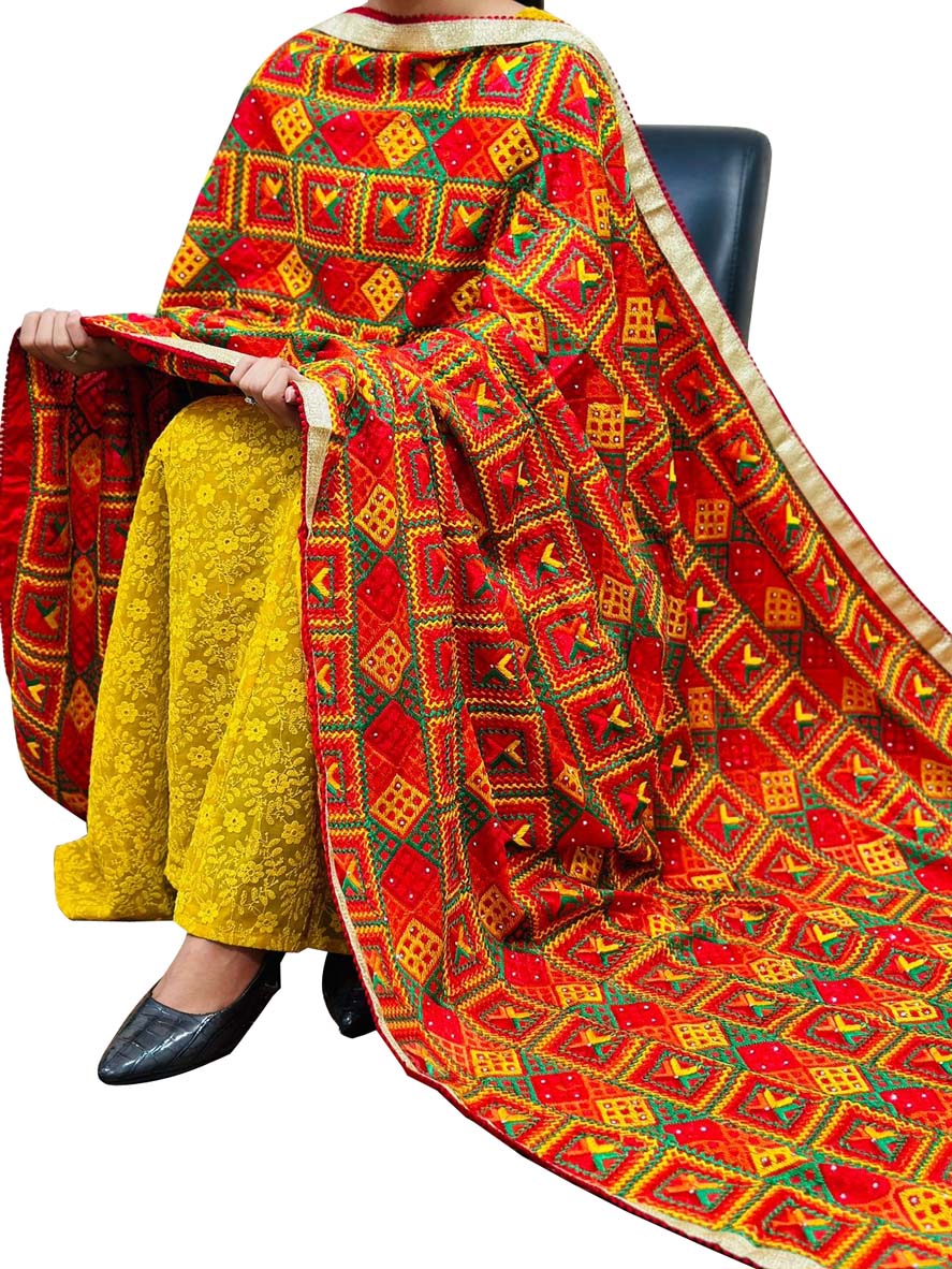 Red Phulkari Embroidered Chinon Dupatta - Luxurion World