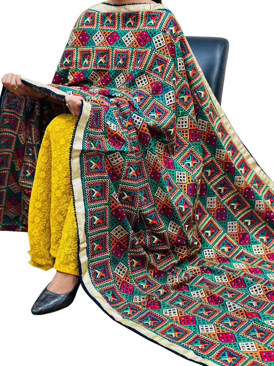 Multicolor Phulkari Embroidered Chinon Dupatta - Luxurion World
