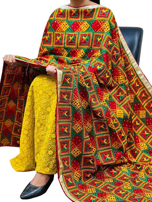 Multicolor Phulkari Embroidered Chinon Dupatta - Luxurion World