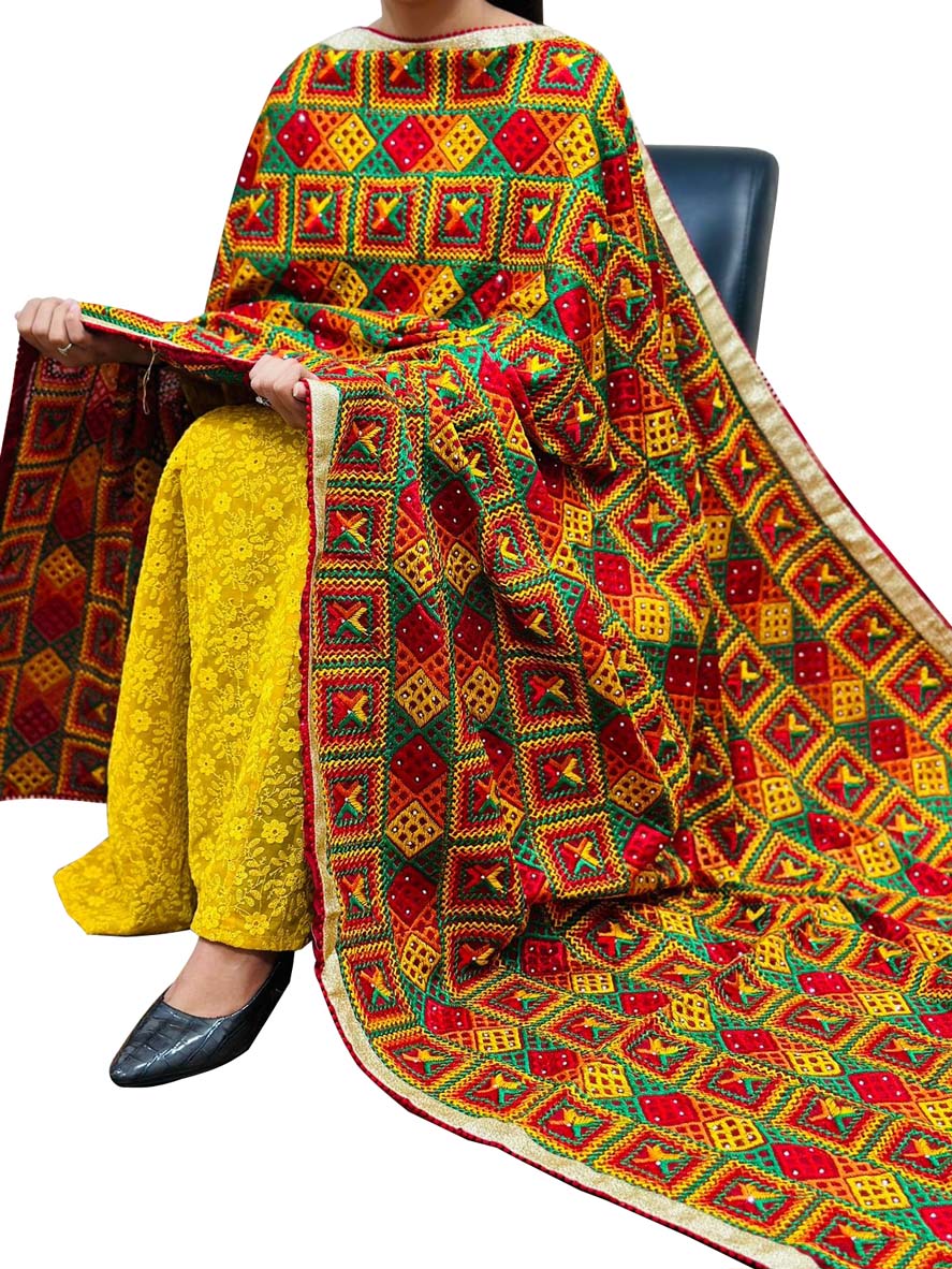 Multicolor Phulkari Embroidered Chinon Dupatta - Luxurion World