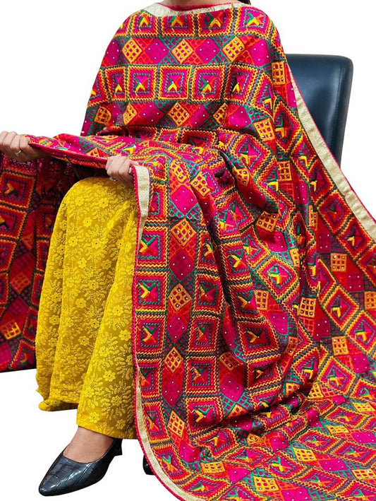 Pink Phulkari Embroidered Chinon Dupatta - Luxurion World