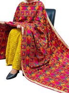Pink Phulkari Embroidered Chinon Dupatta - Luxurion World