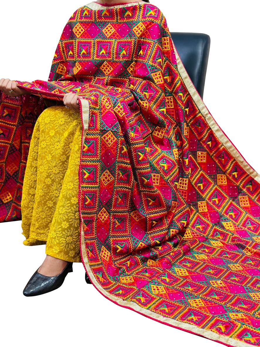 Pink Phulkari Embroidered Chinon Dupatta - Luxurion World