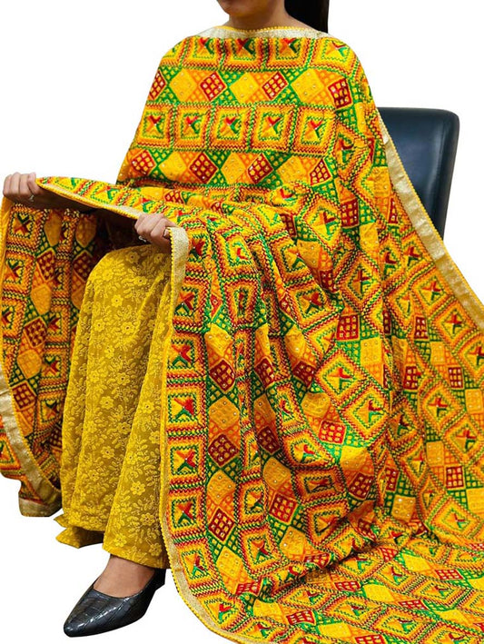 Yellow Phulkari Embroidered Chinon Dupatta - Luxurion World