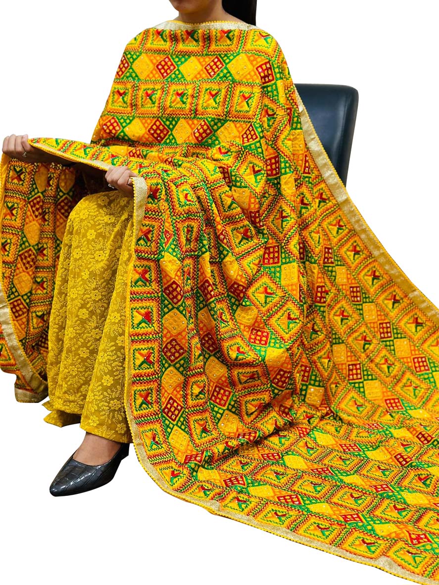 Yellow Phulkari Embroidered Chinon Dupatta - Luxurion World