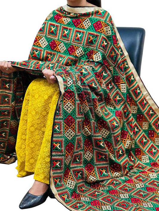 Multicolor Phulkari Embroidered Chinon Dupatta - Luxurion World