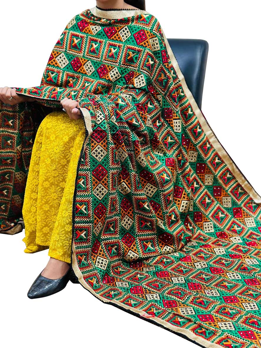 Multicolor Phulkari Embroidered Chinon Dupatta - Luxurion World