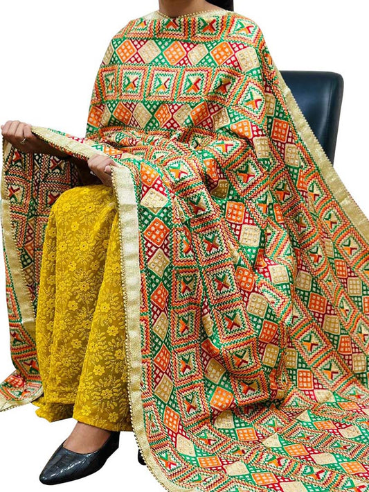 Multicolor Phulkari Embroidered Chinon Dupatta - Luxurion World