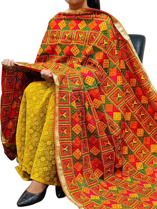 Multicolor Phulkari Embroidered Chinon Dupatta