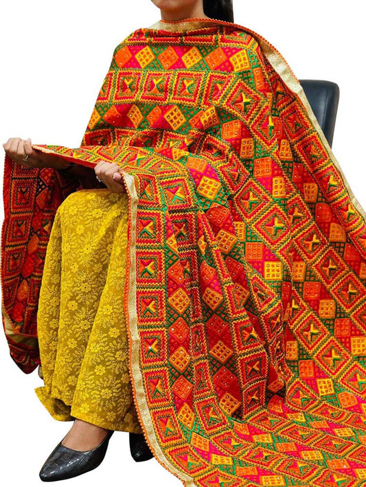 Multicolor Phulkari Embroidered Chinon Dupatta - Luxurion World