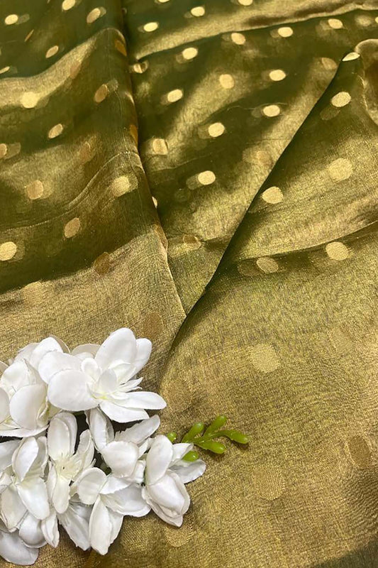 Green Handloom Banarasi Tissue Silk Fabric ( 1 Mtr ) - Luxurion World
