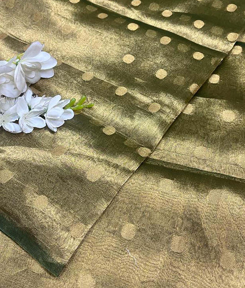 Green Handloom Banarasi Tissue Silk Fabric ( 1 Mtr ) - Luxurion World