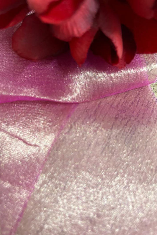 Pink Handloom Banarasi Tissue Silk Fabric ( 1 Mtr ) - Luxurion World