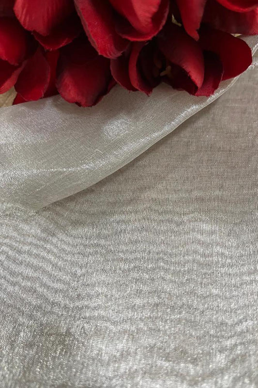 Silver Handloom Banarasi Tissue Silk Fabric ( 1 Mtr ) - Luxurion World