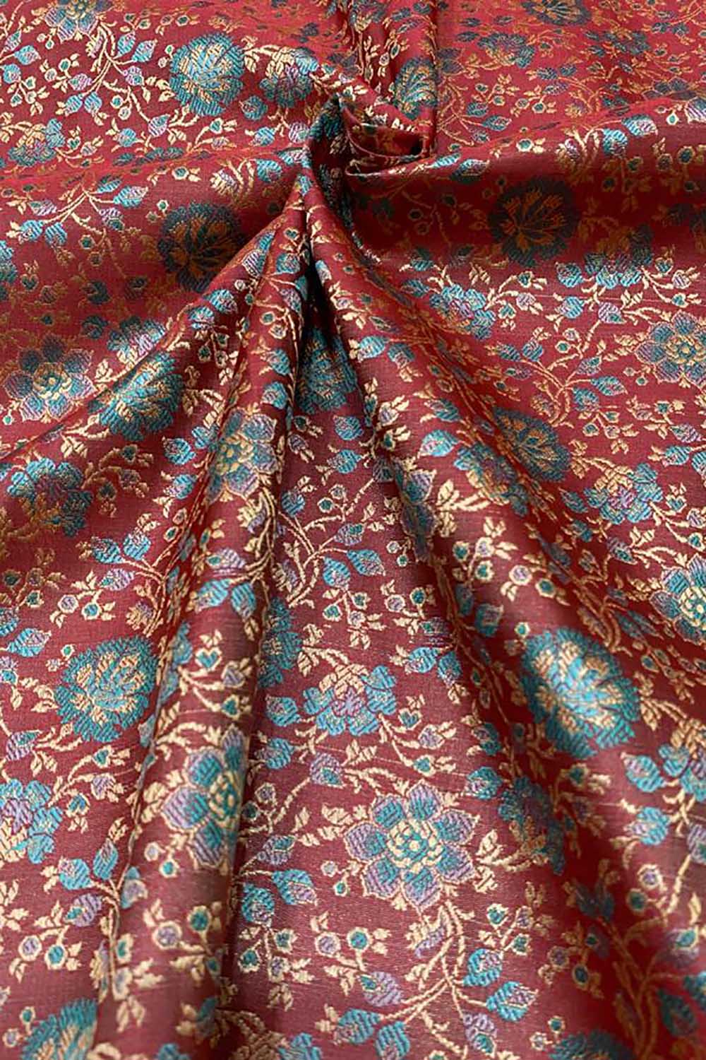Shop Red Banarasi Silk Tanchui Jamawar Brocade Fabric (1 Mtr) Online - Luxurion World