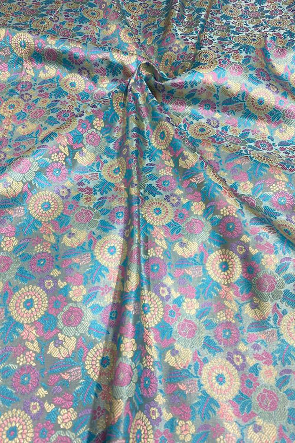 Shop Blue Banarasi Silk Tanchui Jamawar Brocade Fabric - 1 Mtr - Luxurion World