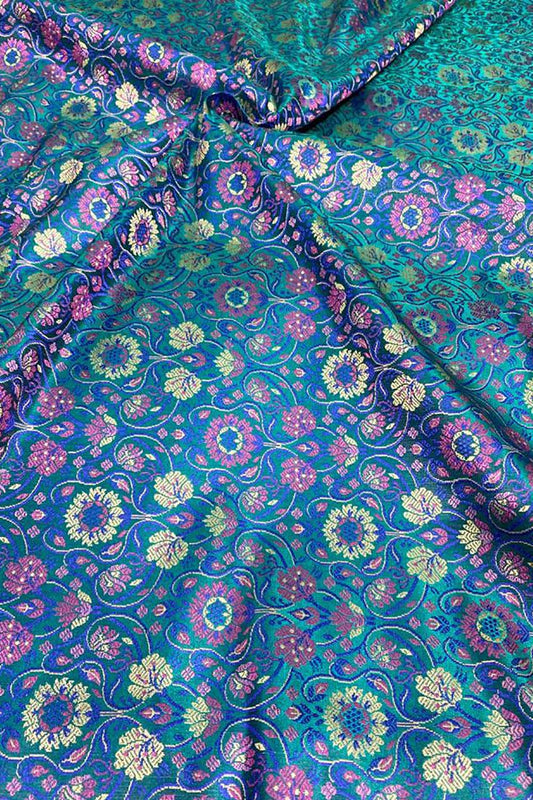 Shop Blue Banarasi Silk Tanchui Jamawar Brocade Fabric - 1 Mtr - Luxurion World