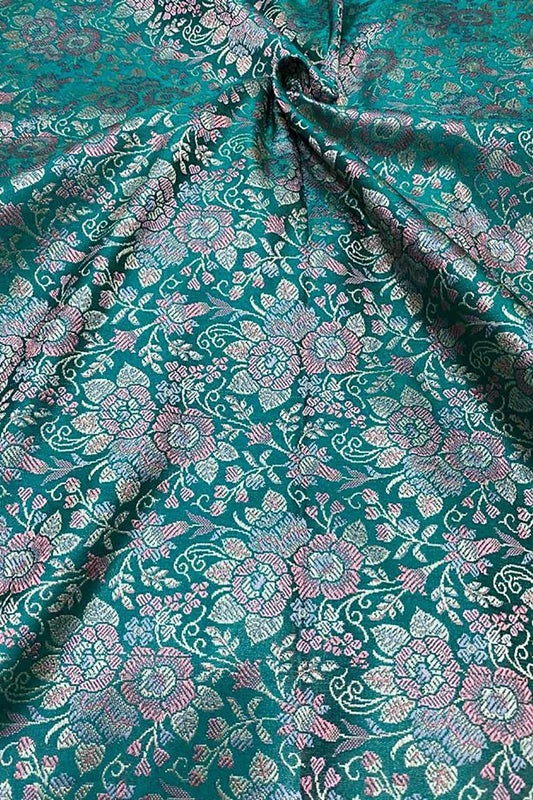 Shop Blue Banarasi Silk Tanchui Jamawar Brocade Fabric - 1 Mtr