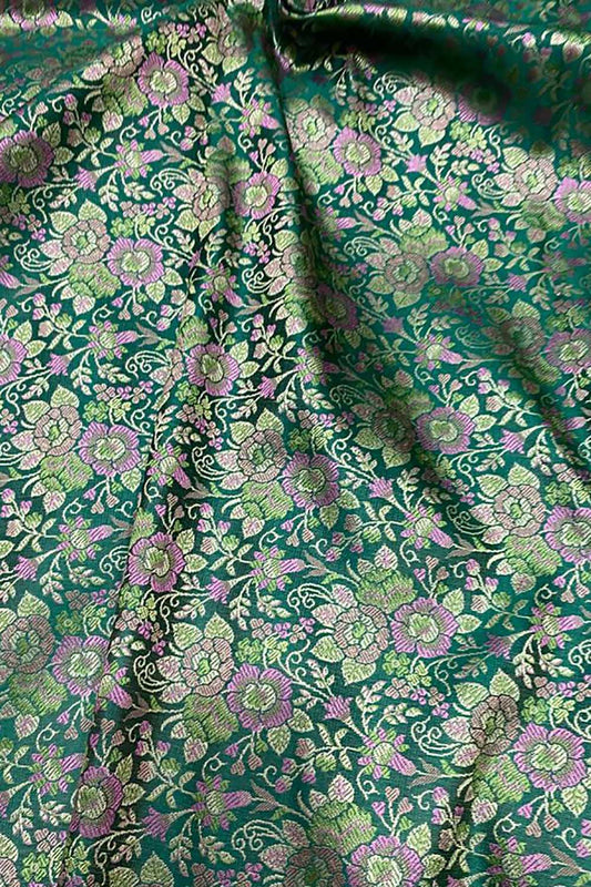Shop Green Banarasi Silk Tanchui Jamawar Brocade Fabric - 1 Mtr