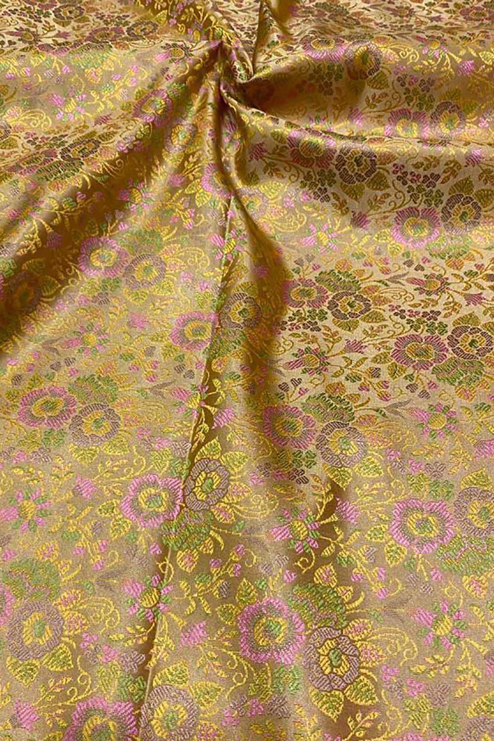 Shop Golden Banarasi Silk Tanchui Jamawar Brocade Fabric - 1 Mtr Length