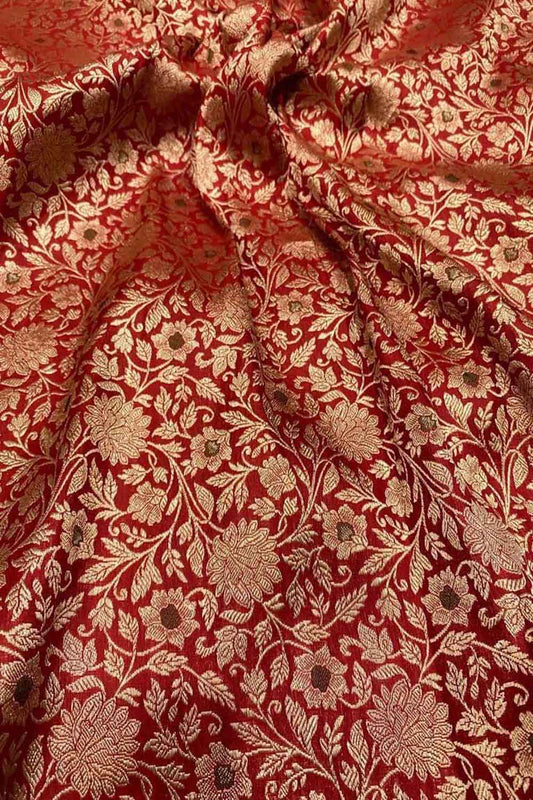 Red Banarasi Meenakari Pure Katan Silk Brocade Fabric ( 5 Mtr ) - Luxurion World