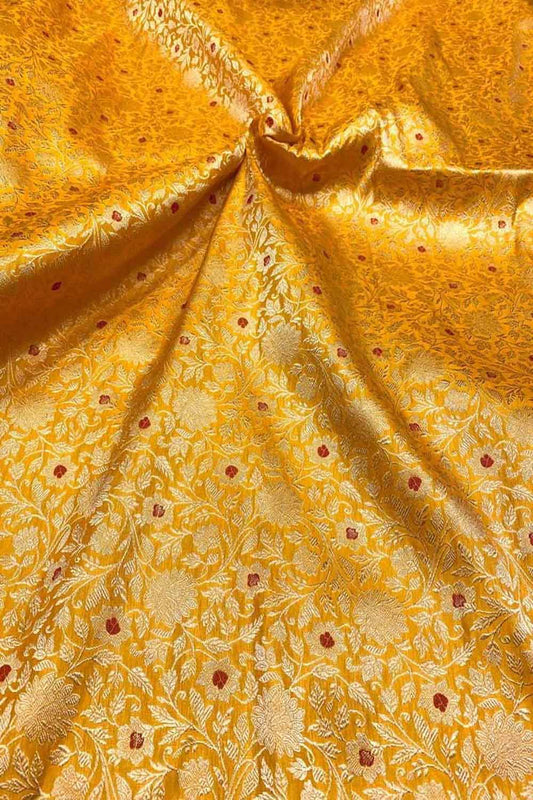 Yellow Banarasi Meenakari Pure Katan Silk Brocade Fabric ( 5 Mtr ) - Luxurion World