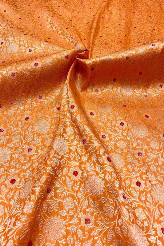 Orange Banarasi Meenakari Pure Katan Silk Brocade Fabric ( 5 Mtr ) - Luxurion World