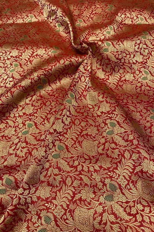 Red Banarasi Meenakari Pure Katan Silk Brocade Fabric ( 5 Mtr ) - Luxurion World