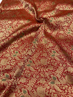 Red Banarasi Meenakari Pure Katan Silk Brocade Fabric ( 5 Mtr ) - Luxurion World