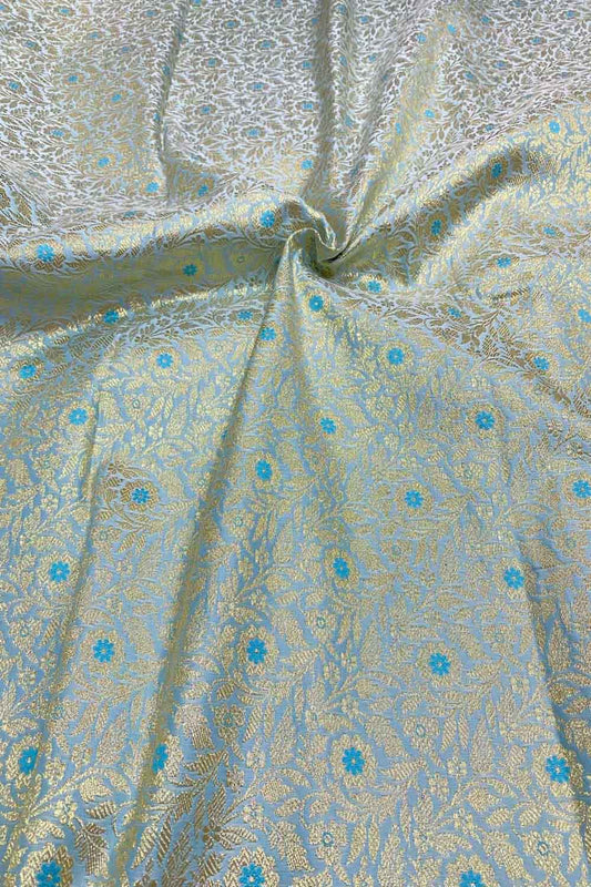 Blue Banarasi Silk Satin Zari Brocade Fabric ( 2.5 Mtr ) - Luxurion World