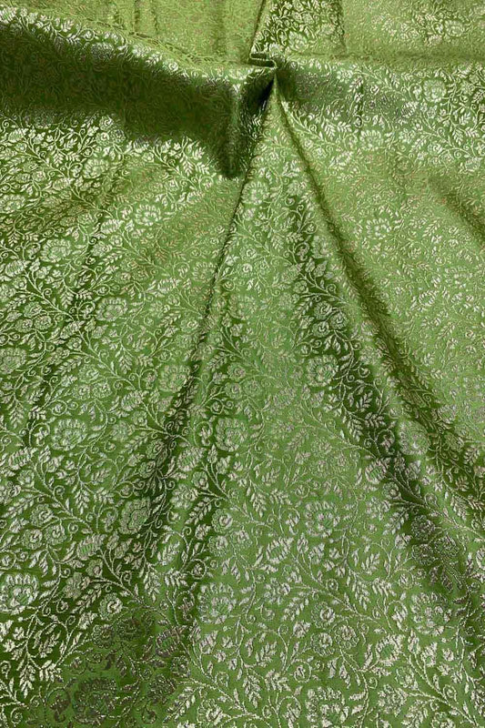 Green Banarasi Silk Satin Zari Brocade Fabric ( 2.5 Mtr ) - Luxurion World