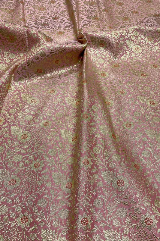 Pink Banarasi Silk Satin Zari Brocade Fabric ( 2.5 Mtr ) - Luxurion World