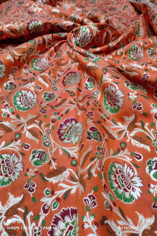Elegant Orange Banarasi Meenakari Silk Fabric ( 2.5 Mtrs ) - Luxurion World
