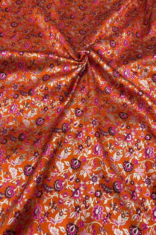 Elegant Orange Banarasi Meenakari Silk Fabric ( 2.5 Mtrs ) - Luxurion World