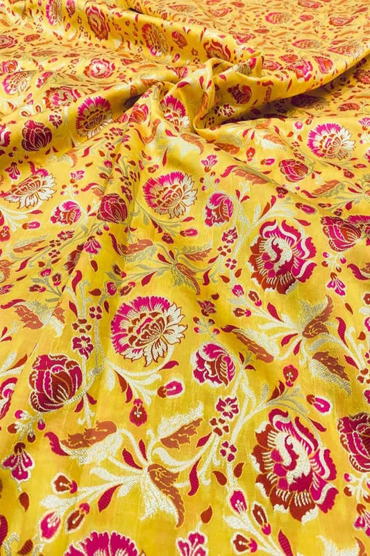 Exquisite Yellow Banarasi Meenakari Silk Fabric ( 2.5 Mtrs ) - Luxurion World
