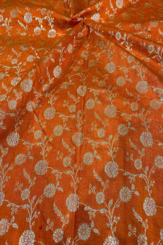 Orange Banarasi Handloom Raw Silk Fabric ( 2.5 Mtr ) - Luxurion World