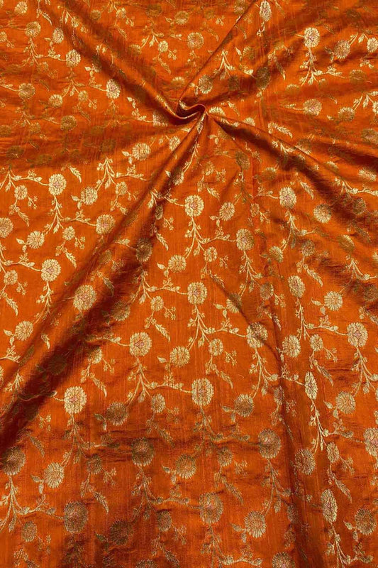 Orange Banarasi Handloom Raw Silk Fabric ( 2.5 Mtr ) - Luxurion World