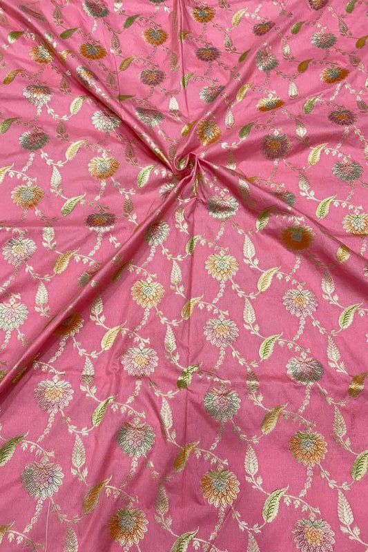 Vibrant Pink Banarasi Silk Fabric with Brush Dyed Finish - Luxurion World