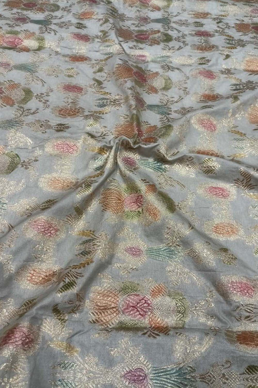 Elegant Grey Banarasi Brush Dyed Silk Fabric - Luxurion World