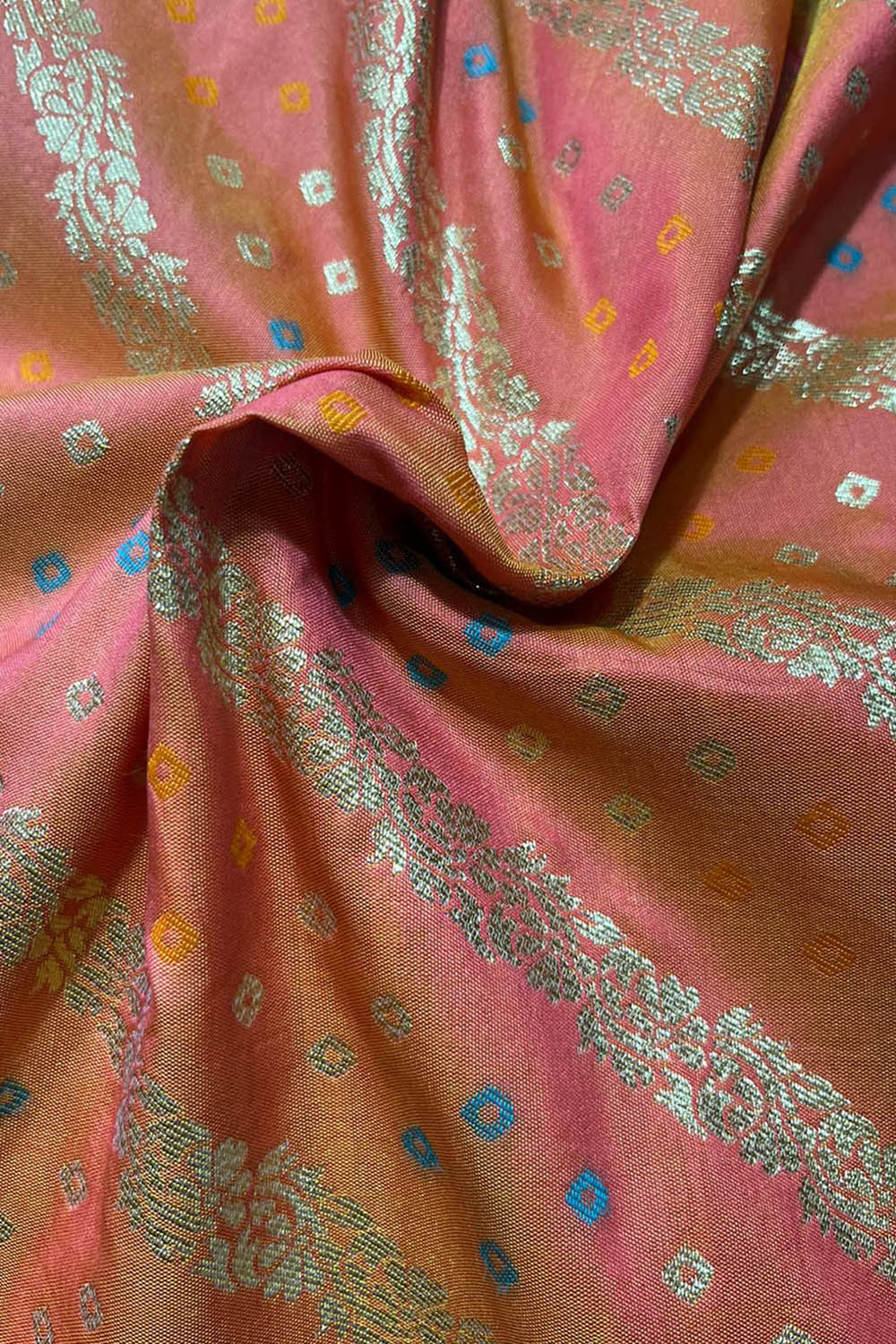 Orange And Pink Shot color Banarasi Silk Fabric ( 1 Mtr )