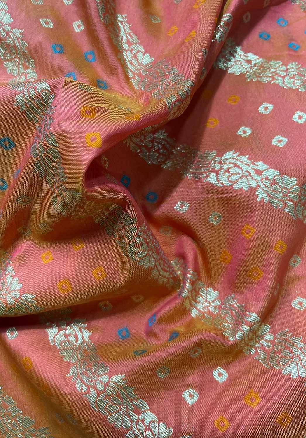 Orange And Pink Shot color Banarasi Silk Fabric ( 1 Mtr )